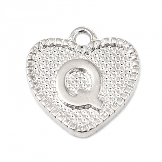 Picture of Zinc Based Alloy Valentine's Day Charms Heart Silver Tone Initial Alphabet/ Capital Letter Message " Q " 15mm x 15mm, 20 PCs