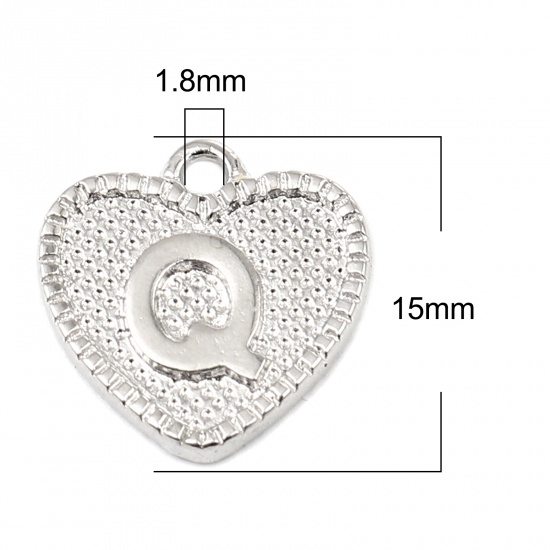 Picture of Zinc Based Alloy Valentine's Day Charms Heart Silver Tone Initial Alphabet/ Capital Letter Message " Q " 15mm x 15mm, 20 PCs