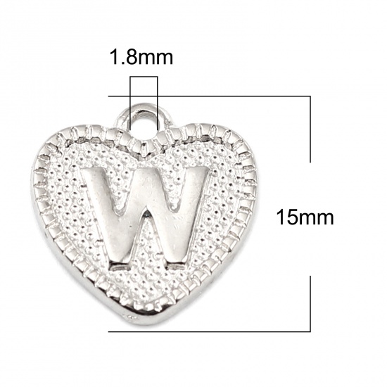 Picture of Zinc Based Alloy Valentine's Day Charms Heart Silver Tone Initial Alphabet/ Capital Letter Message " W " 15mm x 15mm, 20 PCs