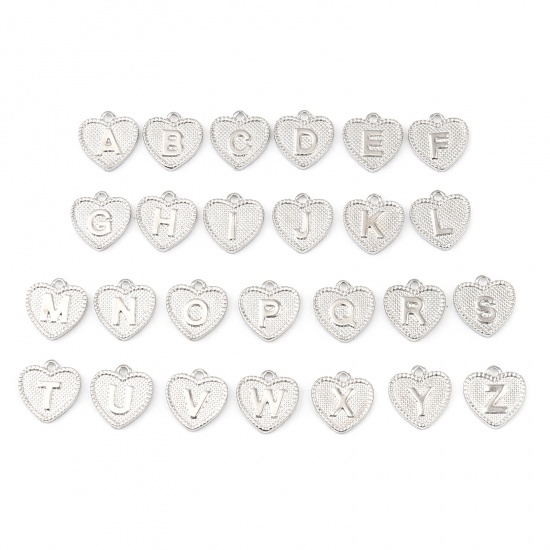 Picture of Zinc Based Alloy Valentine's Day Charms Heart Silver Tone Initial Alphabet/ Capital Letter Message " W " 15mm x 15mm, 20 PCs