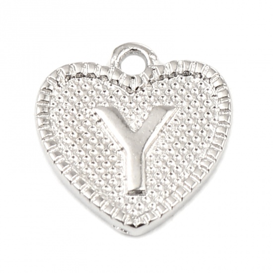 Picture of Zinc Based Alloy Valentine's Day Charms Heart Silver Tone Initial Alphabet/ Capital Letter Message " Y " 15mm x 15mm, 20 PCs