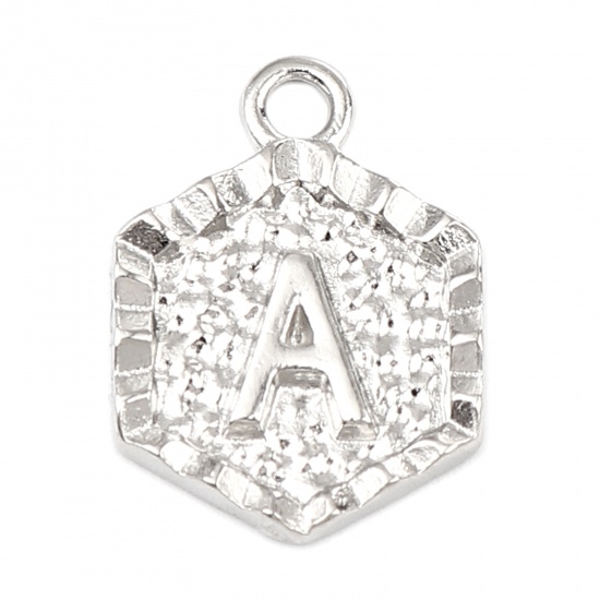 Immagine di Zinc Based Alloy Valentine's Day Charms Hexagon Silver Tone Initial Alphabet/ Capital Letter Message " A " 17mm x 13mm, 20 PCs