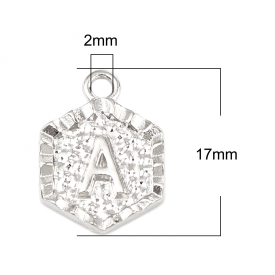 Immagine di Zinc Based Alloy Valentine's Day Charms Hexagon Silver Tone Initial Alphabet/ Capital Letter Message " A " 17mm x 13mm, 20 PCs