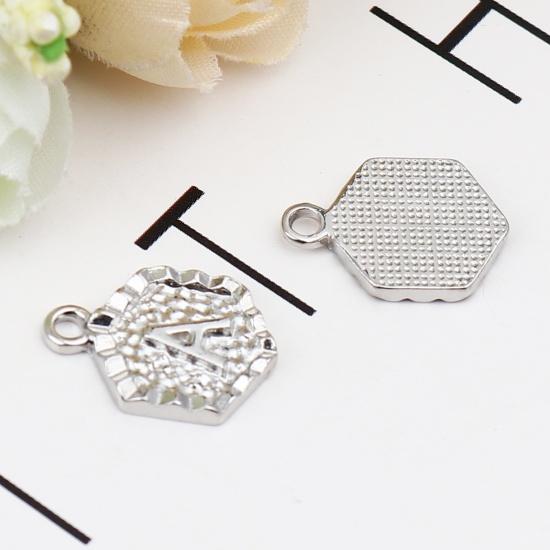 Immagine di Zinc Based Alloy Valentine's Day Charms Hexagon Silver Tone Initial Alphabet/ Capital Letter Message " A " 17mm x 13mm, 20 PCs