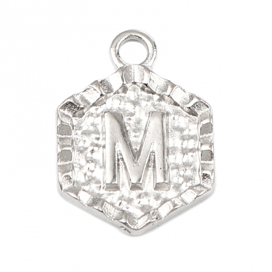 Immagine di Zinc Based Alloy Valentine's Day Charms Hexagon Silver Tone Initial Alphabet/ Capital Letter Message " M " 17mm x 13mm, 20 PCs