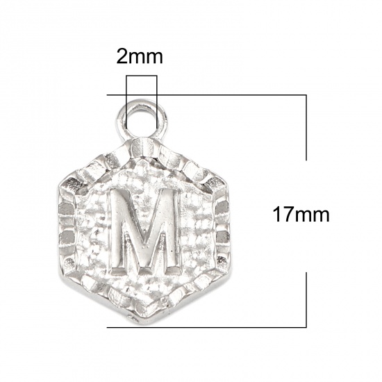 Immagine di Zinc Based Alloy Valentine's Day Charms Hexagon Silver Tone Initial Alphabet/ Capital Letter Message " M " 17mm x 13mm, 20 PCs