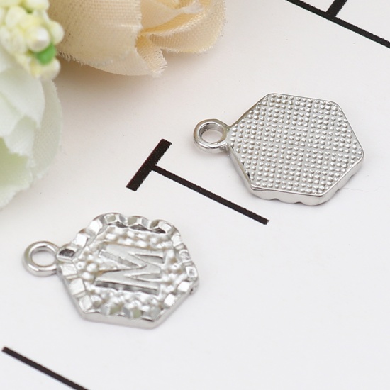 Immagine di Zinc Based Alloy Valentine's Day Charms Hexagon Silver Tone Initial Alphabet/ Capital Letter Message " M " 17mm x 13mm, 20 PCs