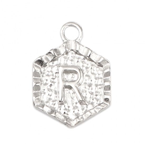 Immagine di Zinc Based Alloy Valentine's Day Charms Hexagon Silver Tone Initial Alphabet/ Capital Letter Message " R " 17mm x 13mm, 20 PCs