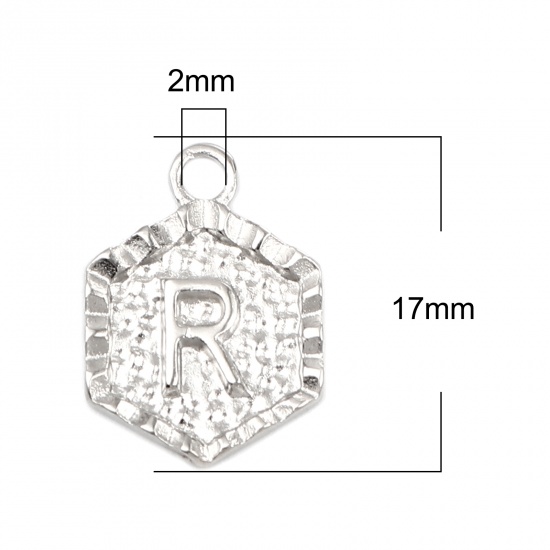 Immagine di Zinc Based Alloy Valentine's Day Charms Hexagon Silver Tone Initial Alphabet/ Capital Letter Message " R " 17mm x 13mm, 20 PCs