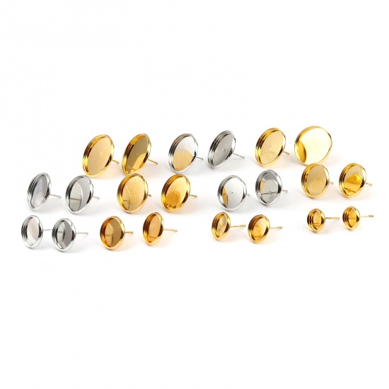 Picture of Iron Based Alloy Cabochon Settings Ear Post Stud Earrings Findings Round Gold Plated (Fit 8mm Dia.) 10mm Dia., Post/ Wire Size: (21 gauge), 30 PCs