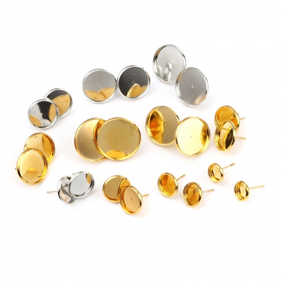 Immagine di Iron Based Alloy Cabochon Settings Ear Post Stud Earrings Findings Round Gold Plated (Fit 8mm Dia.) 10mm Dia., Post/ Wire Size: (21 gauge), 30 PCs