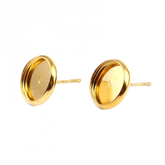 Immagine di Iron Based Alloy Cabochon Settings Ear Post Stud Earrings Findings Round Gold Plated (Fit 10mm Dia.) 12mm Dia., Post/ Wire Size: (21 gauge), 30 PCs