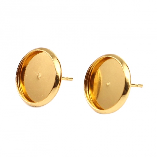 Picture of Iron Based Alloy Cabochon Settings Ear Post Stud Earrings Findings Round Gold Plated (Fit 12mm Dia.) 14mm Dia., Post/ Wire Size: (21 gauge), 30 PCs