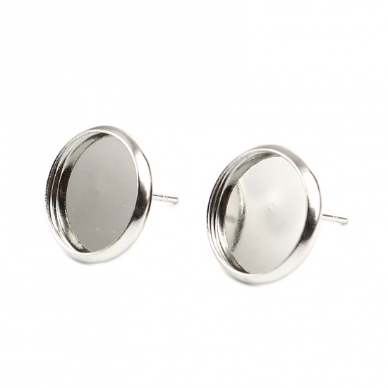 Picture of Iron Based Alloy Cabochon Settings Ear Post Stud Earrings Findings Round Silver Tone (Fit 12mm Dia.) 14mm Dia., Post/ Wire Size: (21 gauge), 30 PCs