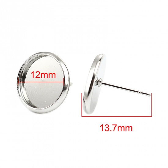 Immagine di Iron Based Alloy Cabochon Settings Ear Post Stud Earrings Findings Round Silver Tone (Fit 12mm Dia.) 14mm Dia., Post/ Wire Size: (21 gauge), 30 PCs