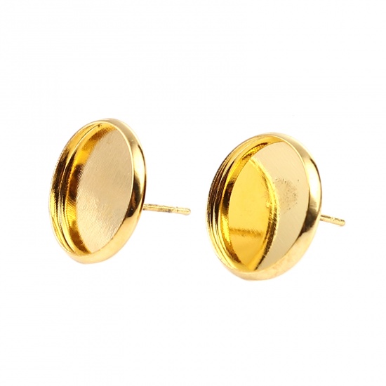 Immagine di Iron Based Alloy Cabochon Settings Ear Post Stud Earrings Findings Round Gold Plated (Fit 14mm Dia.) 16mm Dia., Post/ Wire Size: (21 gauge), 30 PCs