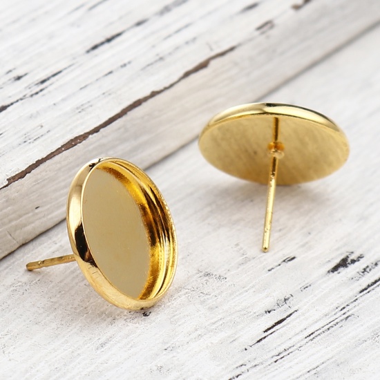 Picture of Iron Based Alloy Cabochon Settings Ear Post Stud Earrings Findings Round Gold Plated (Fit 14mm Dia.) 16mm Dia., Post/ Wire Size: (21 gauge), 30 PCs