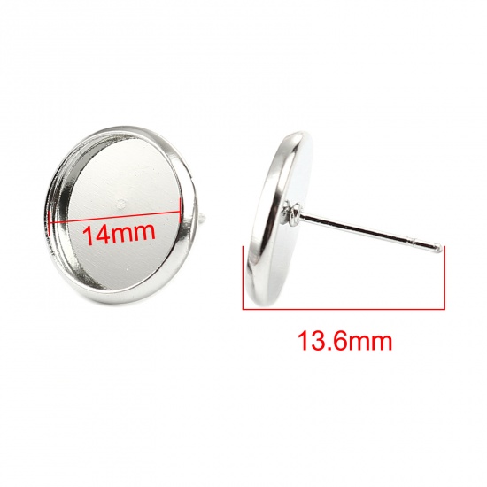 Immagine di Iron Based Alloy Cabochon Settings Ear Post Stud Earrings Findings Round Silver Tone (Fit 14mm Dia.) 16mm Dia., Post/ Wire Size: (21 gauge), 30 PCs
