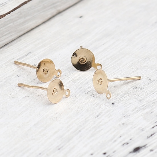 Picture of Iron Based Alloy Ear Post Stud Earrings Findings Round KC Gold Plated W/ Loop Cabochon Settings (Fits 6mm Dia.) 8mm x 6mm, Post/ Wire Size: (21 gauge), 500 PCs