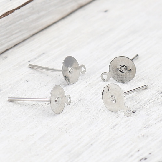 Picture of Iron Based Alloy Ear Post Stud Earrings Findings Round Silver Tone W/ Loop Cabochon Settings (Fits 6mm Dia.) 8mm x 6mm, Post/ Wire Size: (21 gauge), 500 PCs