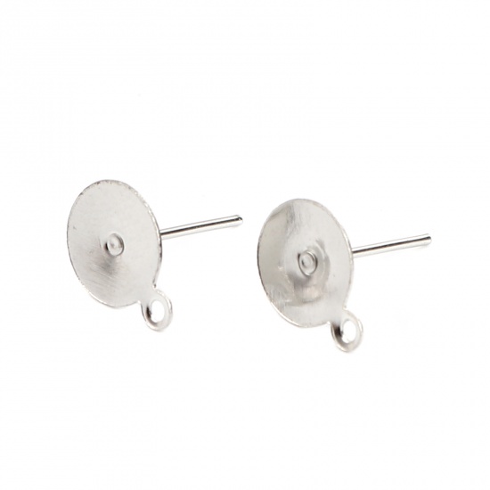 Picture of Iron Based Alloy Ear Post Stud Earrings Findings Round Silver Tone W/ Loop Cabochon Settings (Fits 8mm Dia.) 10mm x 8mm, Post/ Wire Size: (21 gauge), 500 PCs