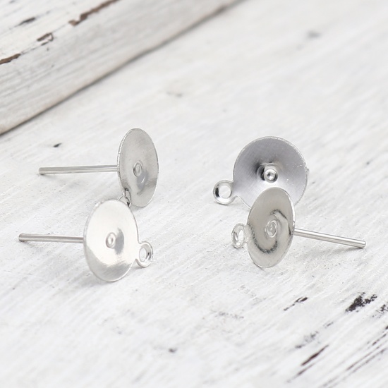 Picture of Iron Based Alloy Ear Post Stud Earrings Findings Round Silver Tone W/ Loop Cabochon Settings (Fits 8mm Dia.) 10mm x 8mm, Post/ Wire Size: (21 gauge), 500 PCs