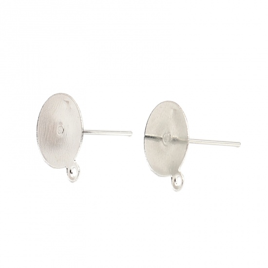 Picture of Iron Based Alloy Ear Post Stud Earrings Findings Round Silver Tone W/ Loop Cabochon Settings (Fits 10mm Dia.) 13mm x 10mm, Post/ Wire Size: (21 gauge), 200 PCs
