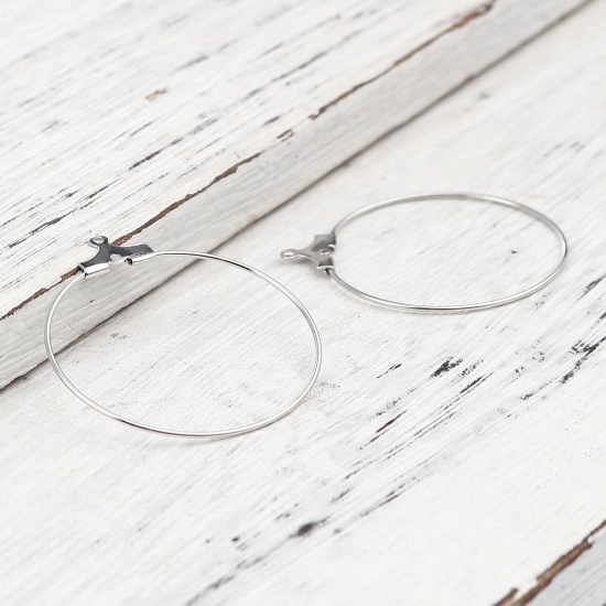 Immagine di Iron Based Alloy Hoop Earrings Findings Circle Ring Silver Tone 35mm x 31mm, Post/ Wire Size: (21 gauge), 30 PCs