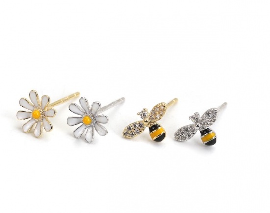 Immagine di Sterling Silver Micro Pave Insect Ear Post Stud Earrings Platinum Plated Multicolor Bee Animal Clear Rhinestone Enamel 9mm x 6mm 8mm x 8mm, Post/ Wire Size: (21 gauge), 1 Pair