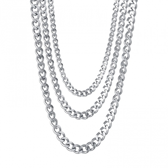Picture of Stainless Steel Curb Link Chain Necklace For DIY Jewelry Making Silver Tone Plating 50cm(19 5/8") long, Chain Size: 3mm, 1 Piece