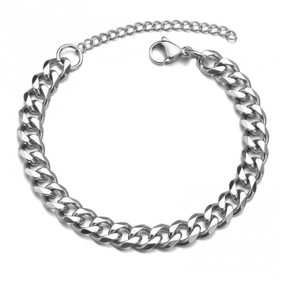 Picture of Stainless Steel Curb Link Chain Bracelets Silver Tone 18cm(7 1/8") long, 3mm, 1 Piece