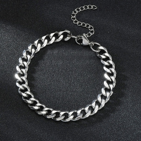 Picture of Stainless Steel Curb Link Chain Bracelets Silver Tone 18cm(7 1/8") long, 3mm, 1 Piece