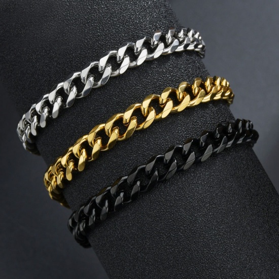 Picture of Stainless Steel Curb Link Chain Bracelets 18K Gold Color 18cm(7 1/8") long, 3mm, 1 Piece