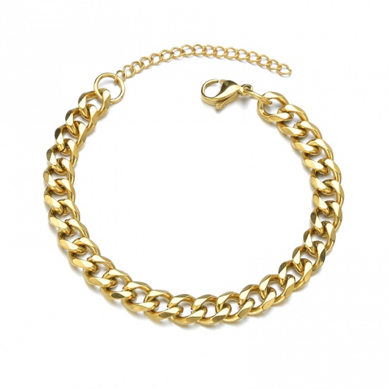 Picture of Stainless Steel Curb Link Chain Bracelets 18K Gold Color 18cm(7 1/8") long, 5mm, 1 Piece