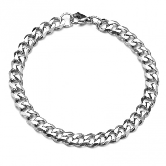 Picture of Stainless Steel Curb Link Chain Bracelets Silver Tone 22cm(8 5/8") long, 3mm, 1 Piece