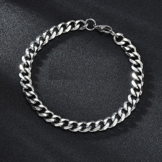 Picture of Stainless Steel Curb Link Chain Bracelets Silver Tone 22cm(8 5/8") long, 7mm, 1 Piece