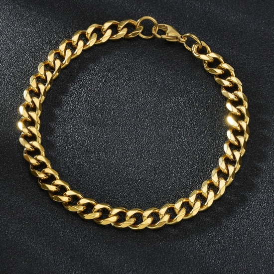 Picture of Stainless Steel Curb Link Chain Bracelets 18K Gold Color 22cm(8 5/8") long, 3mm, 1 Piece