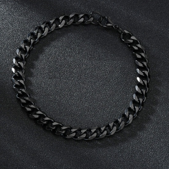 Picture of Stainless Steel Curb Link Chain Bracelets Black 22cm(8 5/8") long, 3mm, 1 Piece
