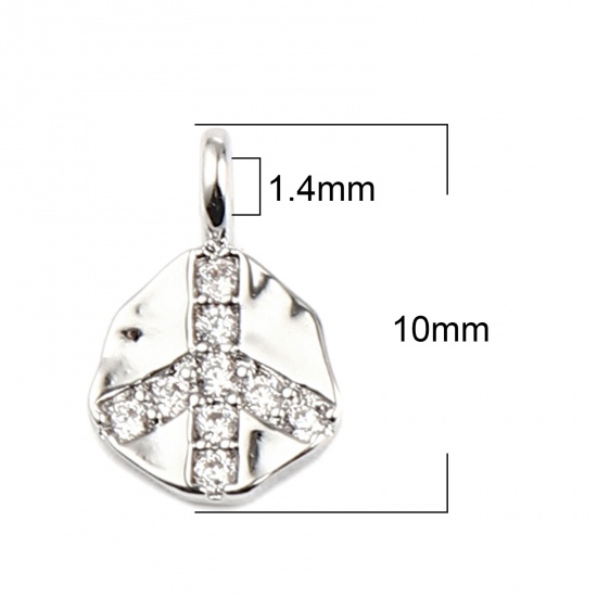 Picture of Brass Religious Charms Real Platinum Plated Irregular Peace Symbol Micro Pave Clear Rhinestone 10mm x 7mm, 2 PCs