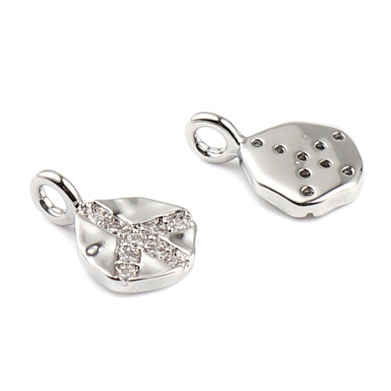 Picture of Brass Religious Charms Real Platinum Plated Irregular Peace Symbol Micro Pave Clear Rhinestone 10mm x 7mm, 2 PCs
