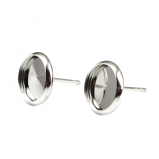 Immagine di Iron Based Alloy CABochon Settings Ear Post Stud Earrings Findings Round Silver Tone (Fit 10mm Dia.) 12mm Dia., Post/ Wire Size: (20 gauge), 40 PCs