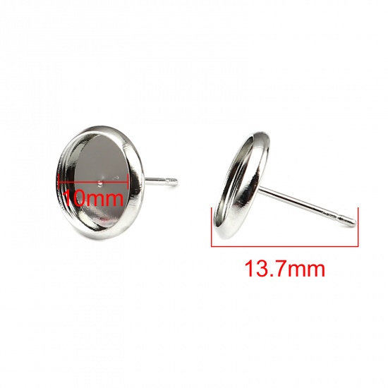 Immagine di Iron Based Alloy CABochon Settings Ear Post Stud Earrings Findings Round Silver Tone (Fit 10mm Dia.) 12mm Dia., Post/ Wire Size: (20 gauge), 40 PCs