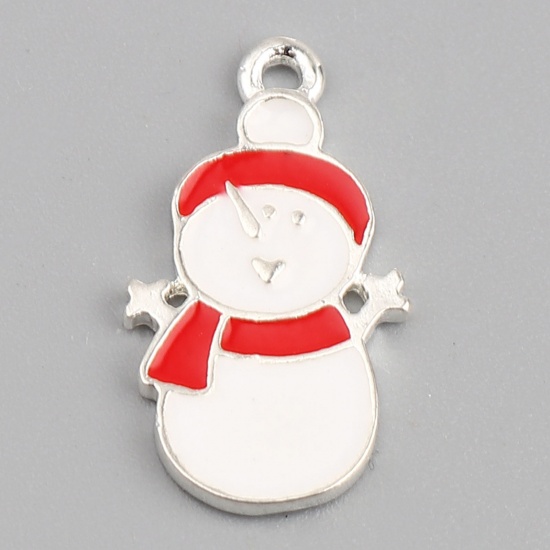 Picture of Zinc Based Alloy Charms Christmas Snowman Silver Plated White & Red Enamel 23mm x 13mm, 10 PCs
