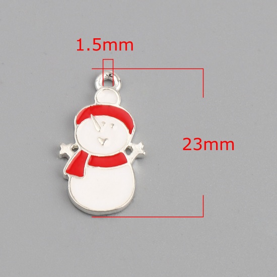 Picture of Zinc Based Alloy Charms Christmas Snowman Silver Plated White & Red Enamel 23mm x 13mm, 10 PCs