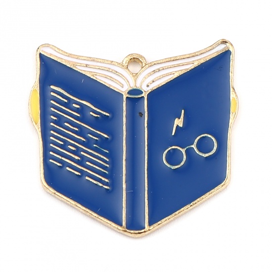 Picture of Zinc Based Alloy College Jewelry Charms Book Gold Plated Blue Enamel 25mm x 23mm, 10 PCs