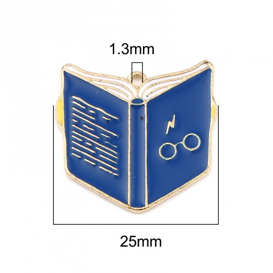 Immagine di Zinc Based Alloy College Jewelry Charms Book Gold Plated Blue Enamel 25mm x 23mm, 10 PCs