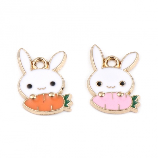 Picture of Zinc Based Alloy Charms Carrot Gold Plated White & Pink Rabbit Enamel 15mm x 11mm, 20 PCs
