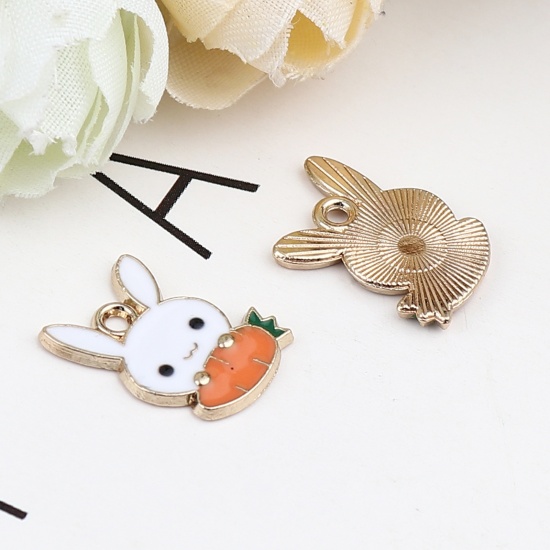 Picture of Zinc Based Alloy Charms Carrot Gold Plated White & Orange Rabbit Enamel 15mm x 11mm, 20 PCs