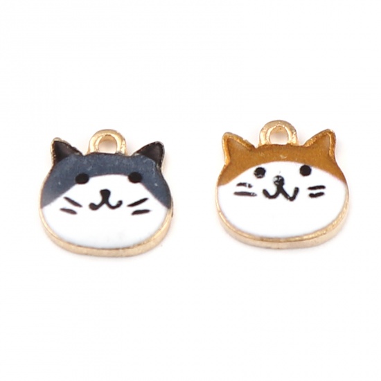 Picture of Zinc Based Alloy Charms Cat Animal Gold Plated Gray Enamel 10mm x 10mm, 10 PCs
