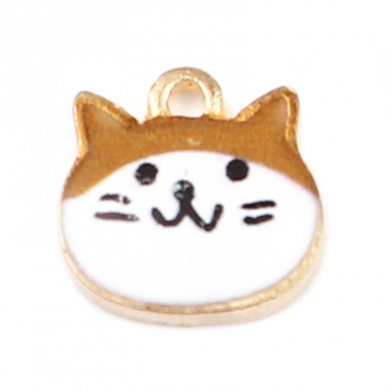 Picture of Zinc Based Alloy Charms Cat Animal Gold Plated Brown Yellow Enamel 10mm x 10mm, 10 PCs